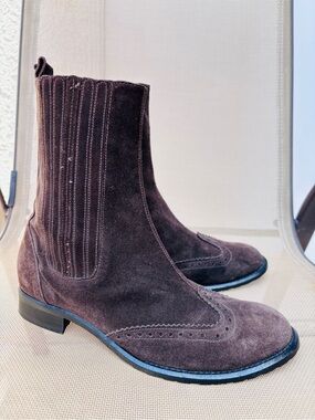 Jenrigò Suede Brogue Wingtip Chelsea Boots Italy Made Style 38.5 Dark Brown